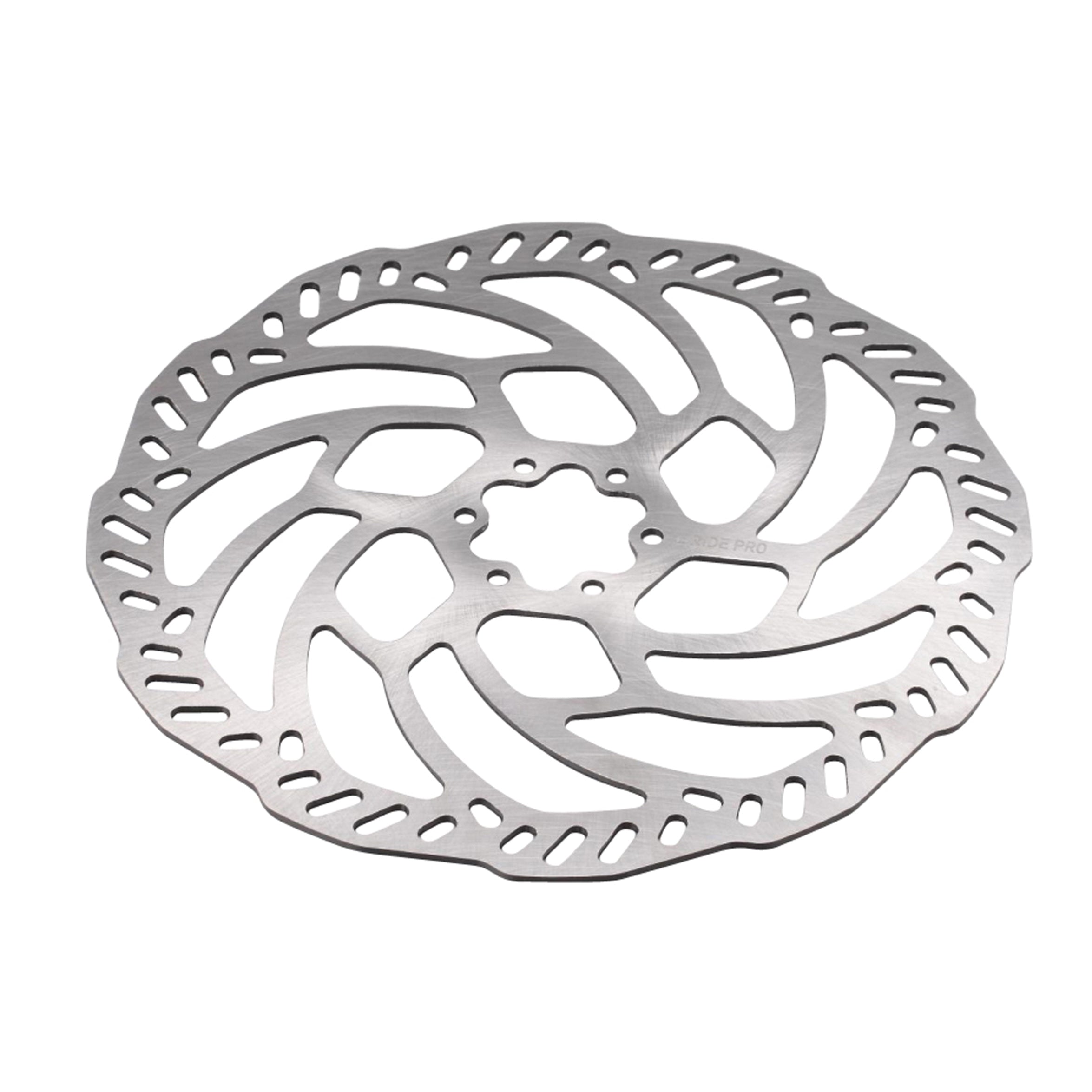 The E-Ride Pro 220mm Front Brake Disc in silver features a wavy design with ventilation cutouts. It has a six-bolt mounting pattern and is shown on a plain white background.