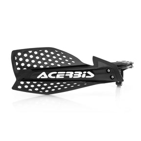 The Amped Bikes ACERBIS ULTIMATE X HANDGUARD features a black honeycomb pattern, white logo, and angled guard for expert handlebar protection. Includes universal mounting hardware.