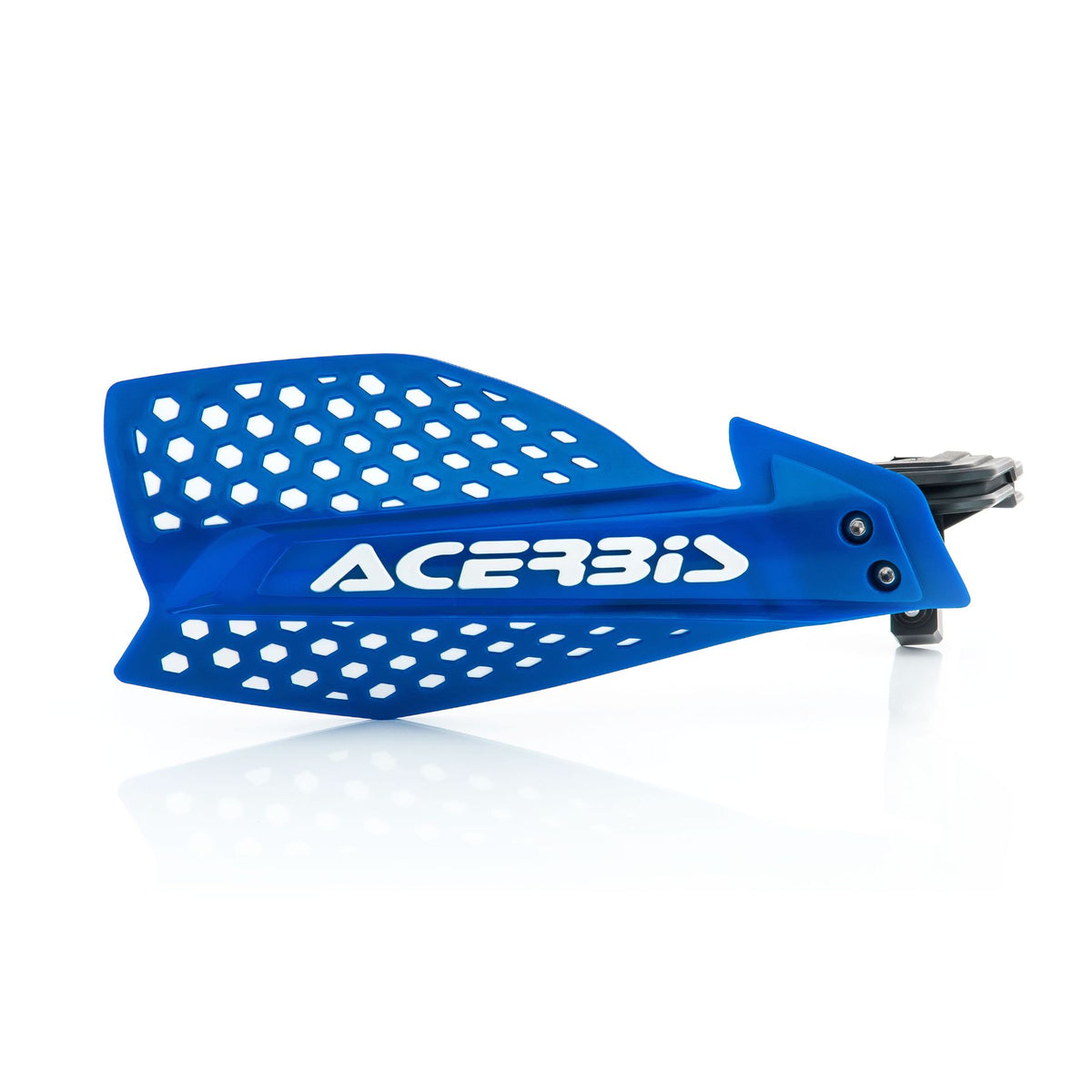 The Amped Bikes ACERBIS ULTIMATE X HANDGUARD for motorcycles features a blue design with a honeycomb vent pattern and white logo, universal mounting, and targets expert riders. Displayed on a white background.