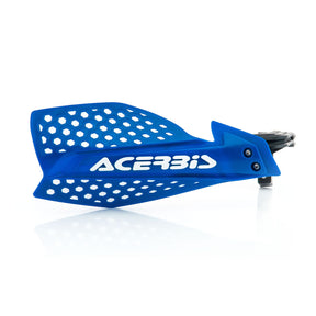 The Amped Bikes ACERBIS ULTIMATE X HANDGUARD for motorcycles features a blue design with a honeycomb vent pattern and white logo, universal mounting, and targets expert riders. Displayed on a white background.