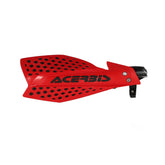 The Amped Bikes ACERBIS ULTIMATE X HANDGUARD is a red plastic handguard with black vents and logo, designed for off-road motorcycles or dirt bikes, featuring a universal mounting bracket for adjustable fit.