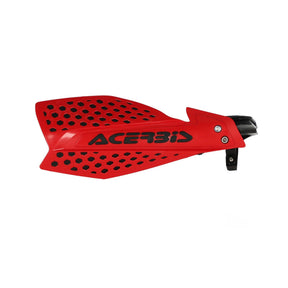 The Amped Bikes ACERBIS ULTIMATE X HANDGUARD is a red plastic handguard with black vents and logo, designed for off-road motorcycles or dirt bikes, featuring a universal mounting bracket for adjustable fit.