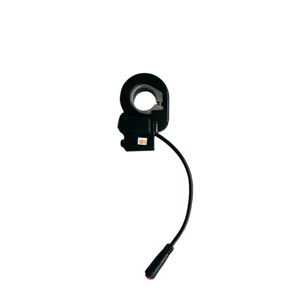 The Talaria MX5 Headlight and Horn Switch, from Talaria, is a sleek black electronic component with a horn-like appearance. It features a circular top opening and has a protruding cord with a connector attached. A small label with text is included, all against a plain white backdrop.