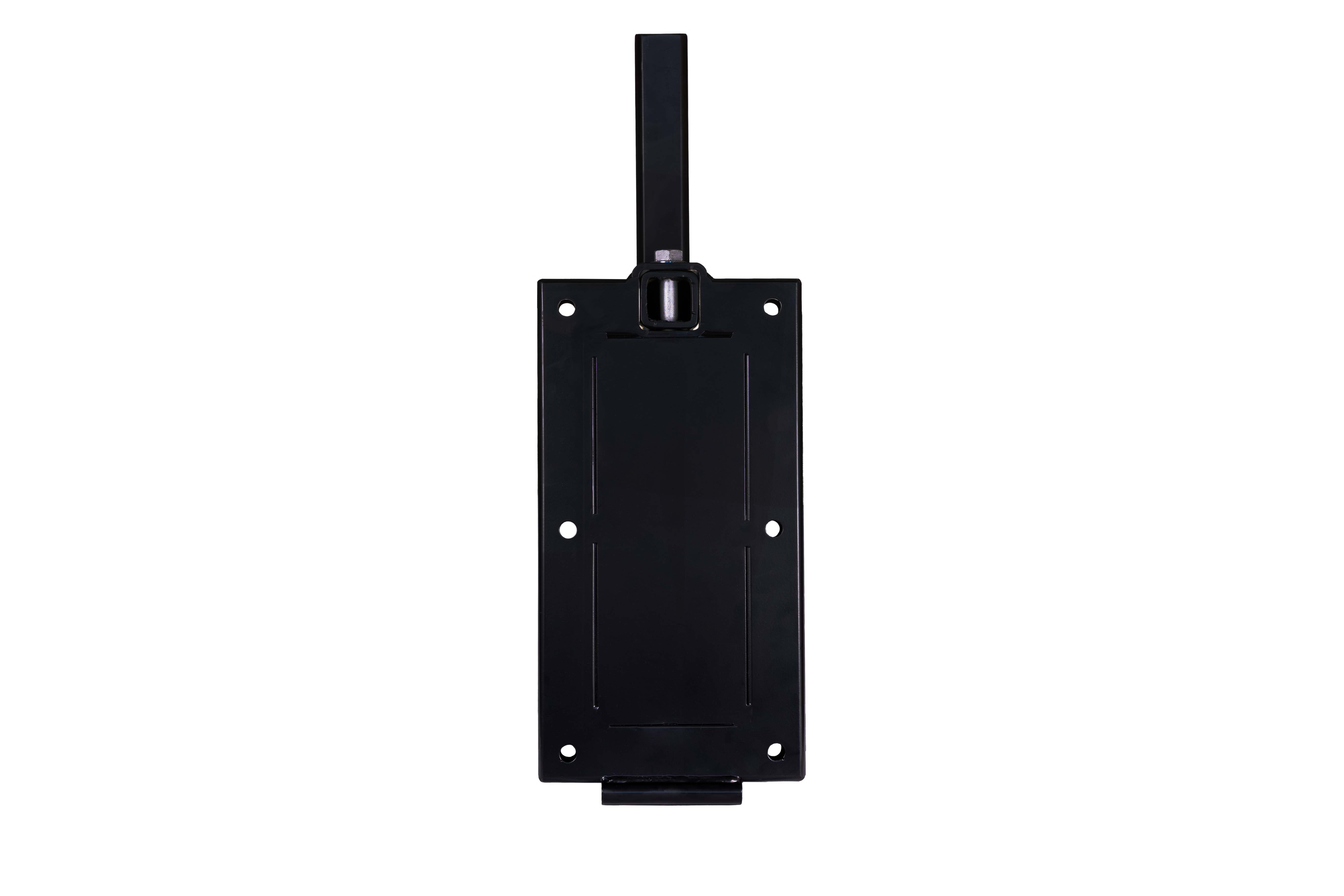 This black electronic device by Amped Bikes is designed for seamless integration with Urban Moto Racks. Featuring a visible connector on top, strap, and multiple screw holes, it ensures perfect compatibility and is set against a plain white background.