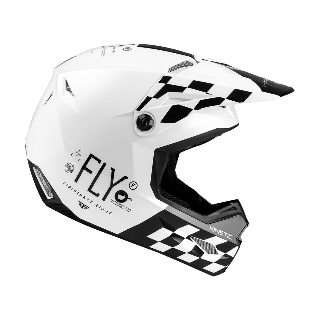 Full side view of Fly Racing Kinetic Lite Rival helmet Gloss White/Black with peak visor.