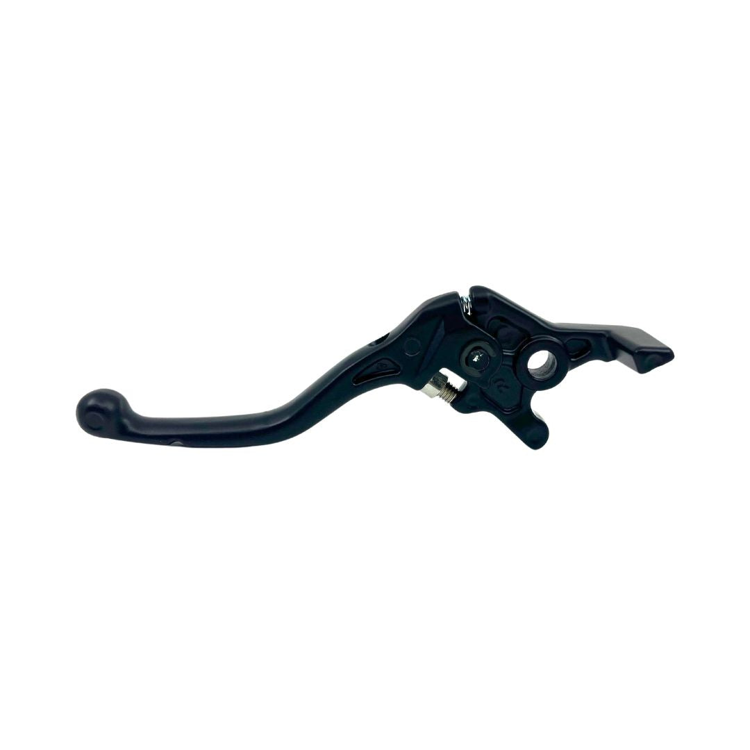 The Talaria MX5 Brake Levers, designed for easy installation on the handlebars, feature a smooth, curved black finish and a visible metal adjustment screw near the pivot. Perfectly compatible with the Talaria MX5, they offer an adjustable mechanism for optimal performance.