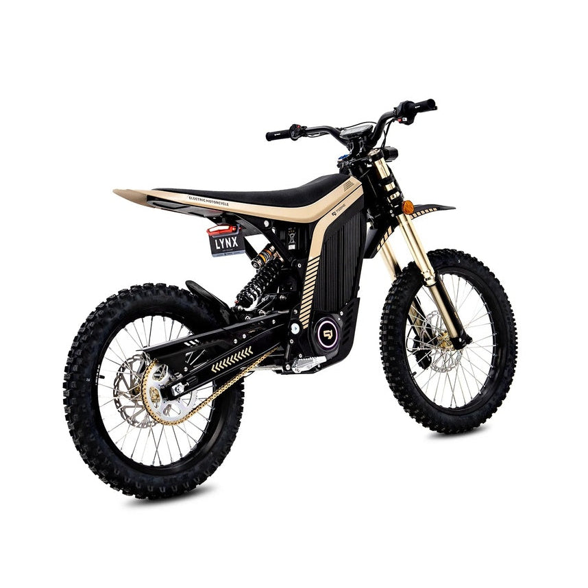 79Bike Lynx electric motorcycle in gold, rear three-quarter angle showing the LYNX tail light plate, seat, and chain drive.