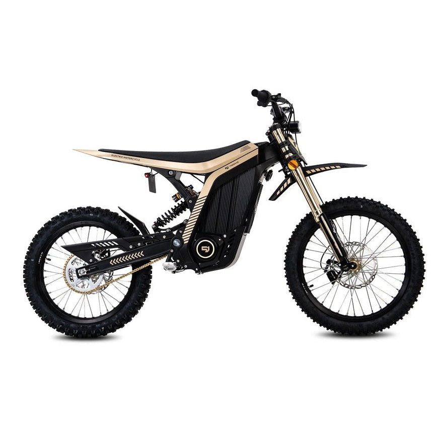 79Bike Lynx electric motorcycle in gold and black, side view showing the frame, suspension, and knobby off-road tires.