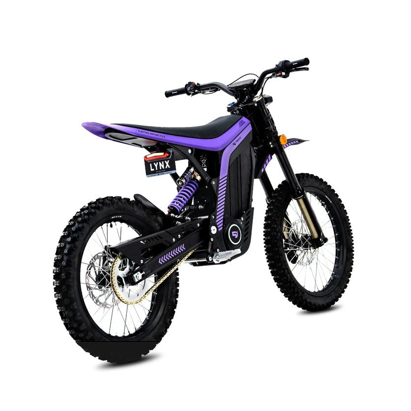 79Bike Lynx electric motorcycle in purple, rear three-quarter angle showing the seat, LYNX tail light plate, and chain drive.