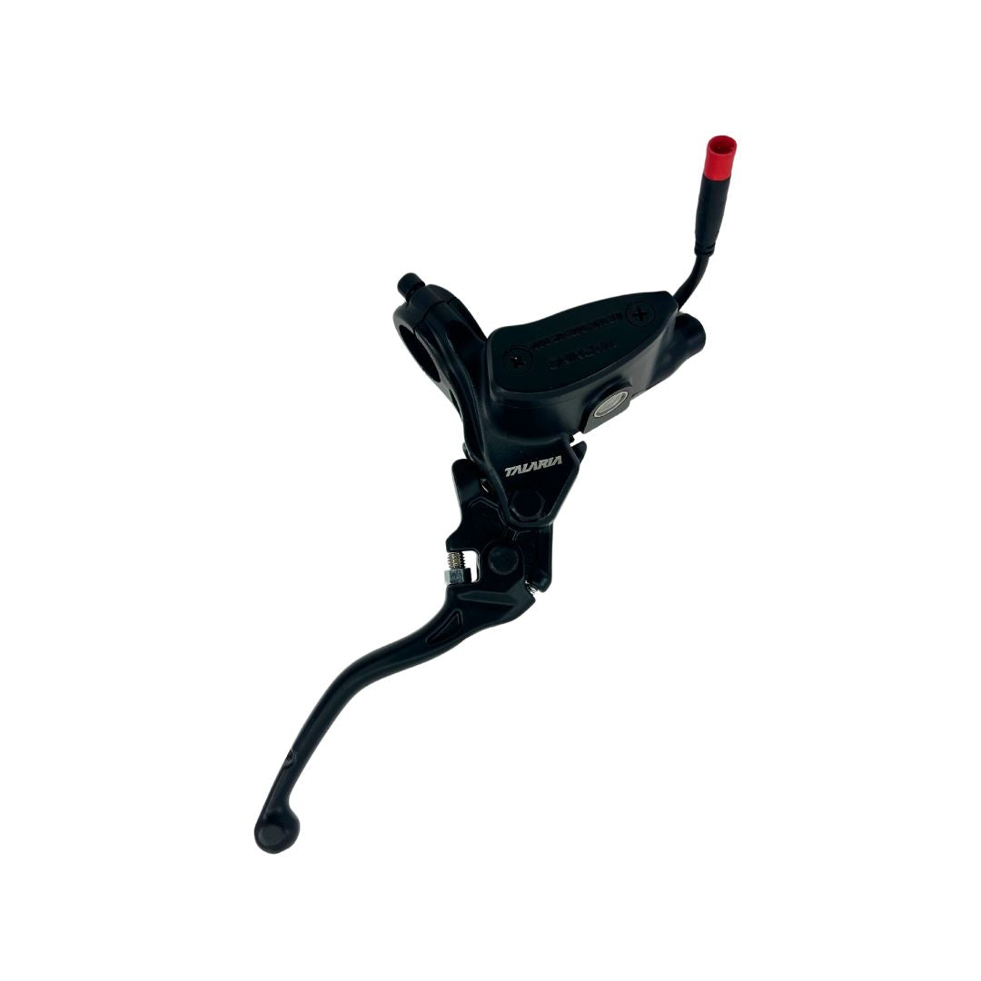 Close-up of the Talaria MX5 Brake Assembly, featuring a black lever with a striking red-tipped cable, marked YOALBA, highlighted against a pristine white background.