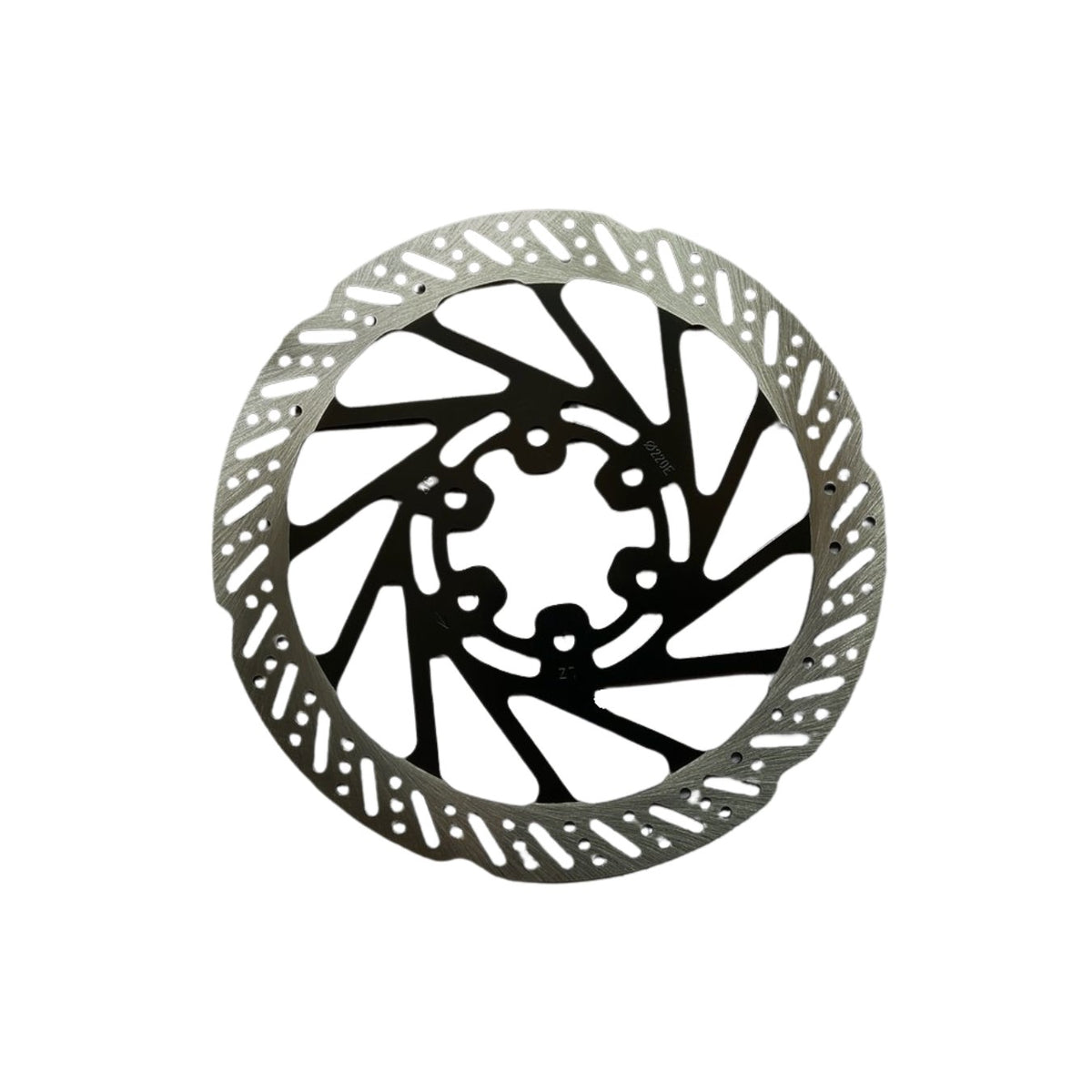 Heres an image of the Talaria Sting MX5 Brake Disc by Talaria, featuring a wavy edge pattern and circular cutouts. The central mounting area has multiple holes, making it an excellent choice for a brake disc upgrade for your bike.