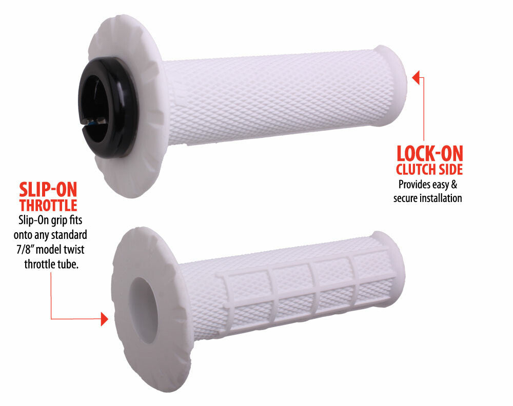 Odi ODI UNIVERSAL LOCK-ON GRIPS PRO HALF-WAFFLE (SOFT): Two white textured motorcycle grips with a soft half-waffle pattern—one Slip-On Throttle grip and one Lock-On Clutch Side grip for secure, universal installation.