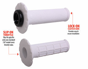 Odi ODI UNIVERSAL LOCK-ON GRIPS PRO HALF-WAFFLE (SOFT): Two white textured motorcycle grips with a soft half-waffle pattern—one Slip-On Throttle grip and one Lock-On Clutch Side grip for secure, universal installation.