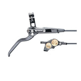 Close-up of a black Tektro hydraulic brake lever and caliper set, ideal for 79Bikes Falcon Pro Brake Cylinder Pump Assembly. The sleek design and copper-accented calipers are connected by a black cable, set against a white background.