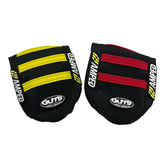 Two black GUTS X AMPED RIB SEAT COVER pads by Amped Bikes, made to match Sur-Ron LBX/Falcon Pro seats: one with yellow stripes, one with red stripes; each features the GUTS logo and AMPED label on the edge.