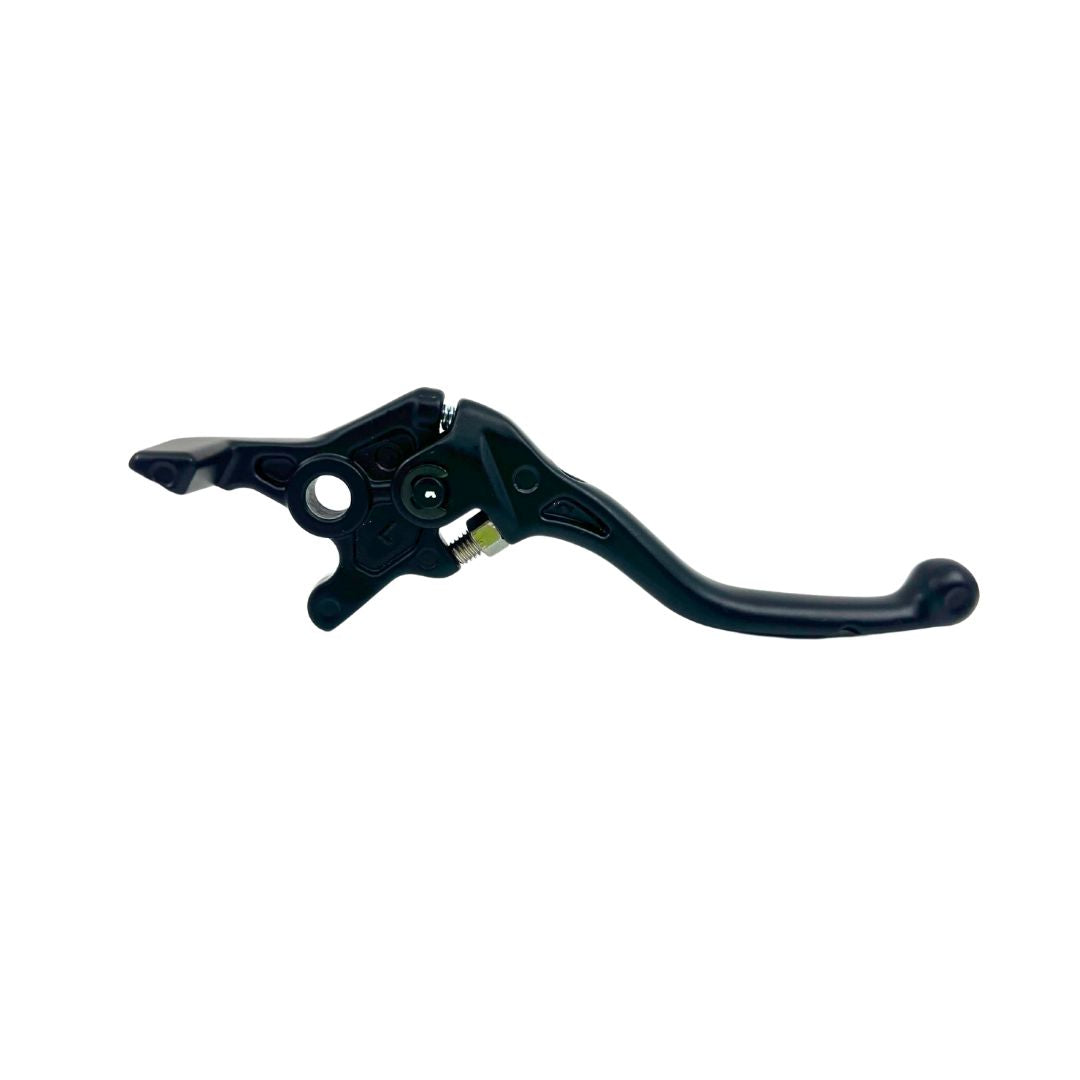 A Talaria MX5 Brake Lever, black in color and curvy, featuring a textured grip, adjustable bracket, and integrated E-Brake cutoff sensor from the Talaria brand, is set against a white background.