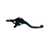 A Talaria MX5 Brake Lever, black in color and curvy, featuring a textured grip, adjustable bracket, and integrated E-Brake cutoff sensor from the Talaria brand, is set against a white background.