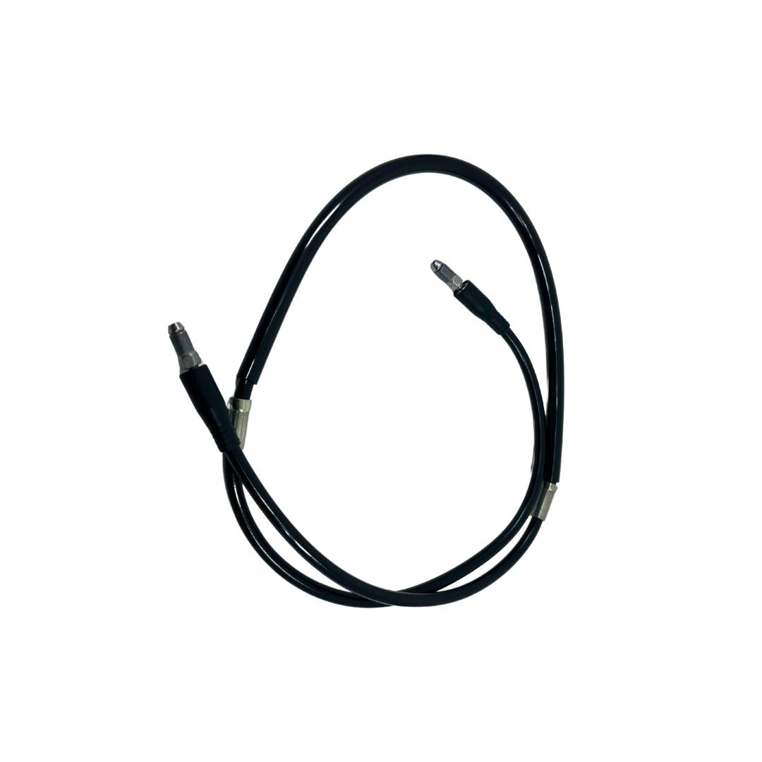 A Talaria MX5 Brake Hose, similar to a black coaxial cable and featuring connectors on both ends, is coiled in a loop against a white background.