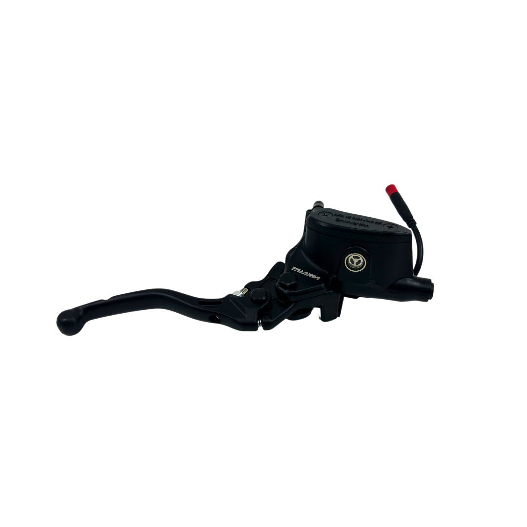 The image displays the Talaria MX5 Brake Assembly by Talaria, featuring a black adjustable brake lever with master cylinder on a white background. It includes a cable with a red end and an E-Brake cutoff sensor for improved safety.