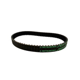 The Upgraded 10mm Belt from Amped Bikes features MEGA TORQUE EP technology, looping in an oval shape. It is black with green lettering and markings. The inner side has evenly spaced EPDM rubber teeth for optimal grip in drive applications.