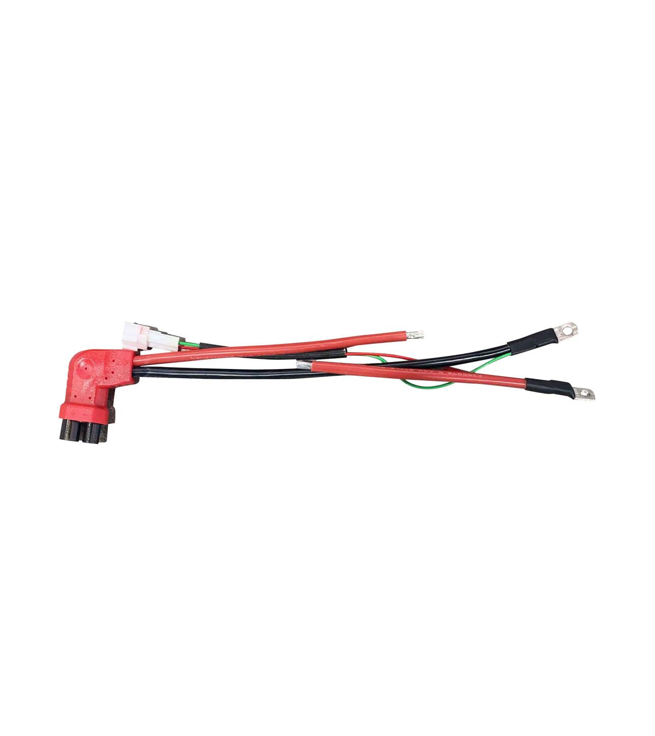 The E-Ride Pro Battery Power Cable Wire by E-Ride Pro includes a red L-shaped connector and three wires with metal loops, featuring red, black, and green insulation for versatile connectivity.