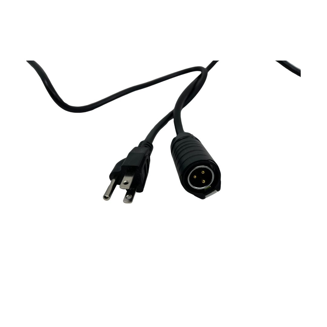 A black electrical cable isolated on a white background, designed for the Amped Bikes Sur-Ron 60v Charger, features a two-prong plug for 110VAC input and a three-pin circular connector.