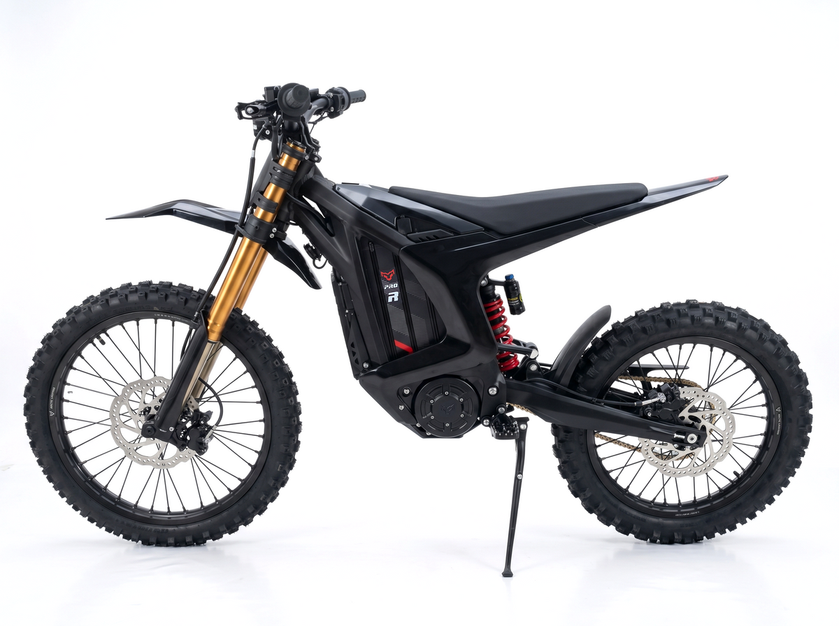 Arctic Leopard XE Pro R electric dirt bike, studio angle view