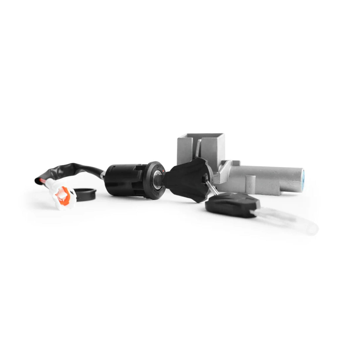 A 79Bike Falcon Pro Ignition Lock Key Set is displayed on a white background, featuring a metallic lock cylinder, black plastic ignition switch, wiring, and two keys on a keyring.