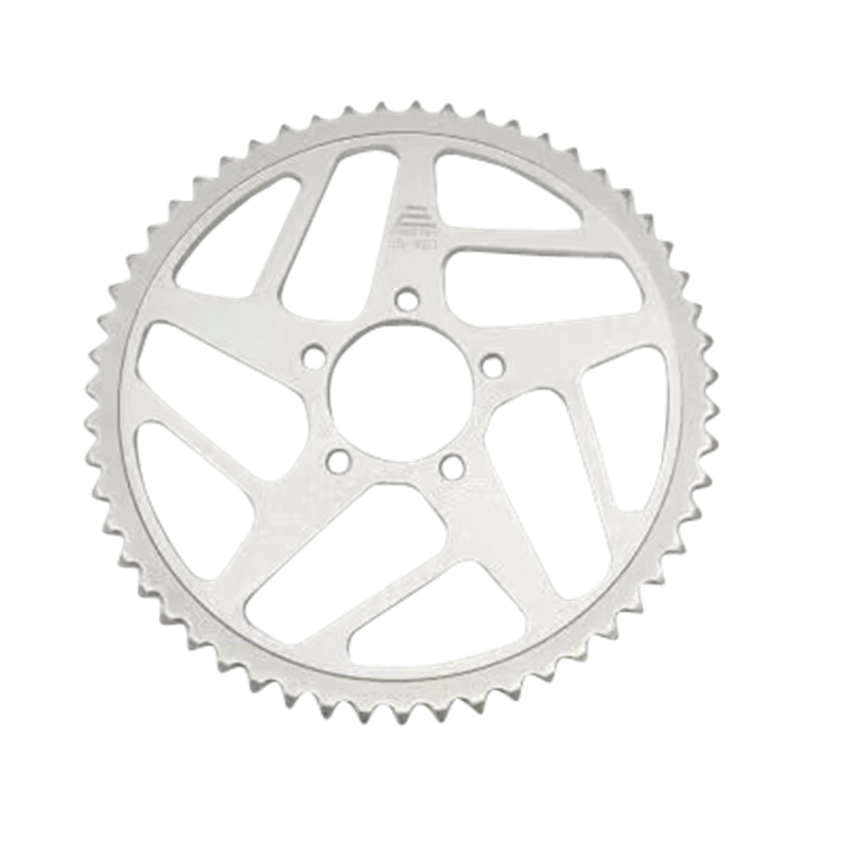 The E-Ride Pro SS 55T Sprocket is a metallic, circular sprocket with evenly spaced teeth and a hollow center with five spokes. It serves as an ideal replacement for your E Ride Pro SS and features a smooth, brushed finish.