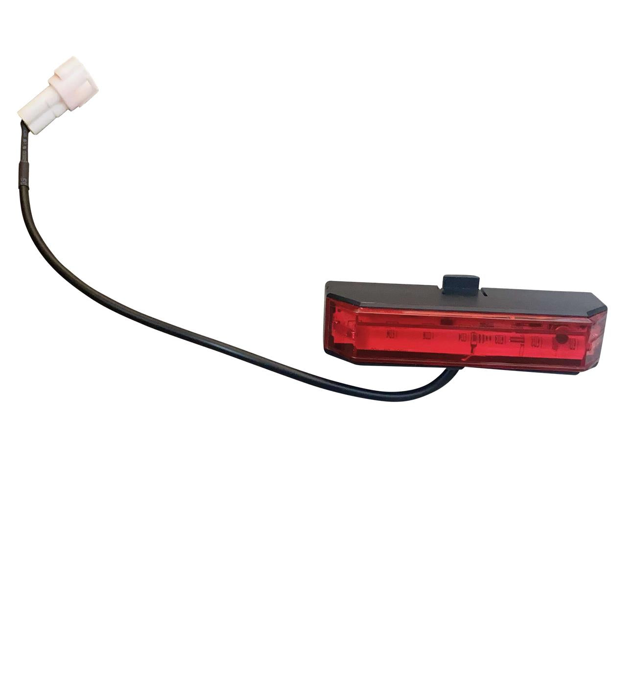 The E-Ride Pro Taillight is a stylish rectangular red LED with a sleek black casing, ideal as a replacement taillight. It features a long black wire ending in a robust white plastic connector.